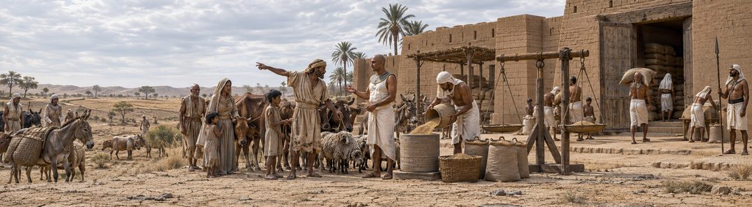 Illustratie bij: Egyptenaren ruilen vee en land voor graan.