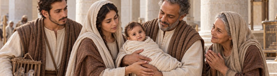 Illustratie bij: Maria brengt het kind Jezus naar Simeon en Anna in de tempel.
