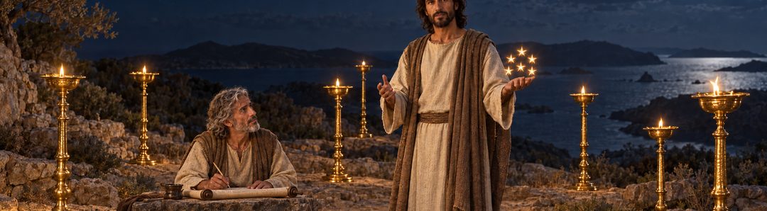 Illustratie bij: Jezus dicteert de brieven en Johannes schrijft.
