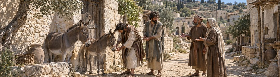 Illustratie bij: Twee discipelen vinden het vastgebonden veulen.