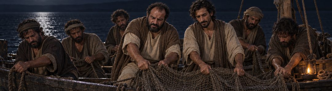 Illustratie bij: Petrus en de discipelen vissen de hele nacht zonder vangst.