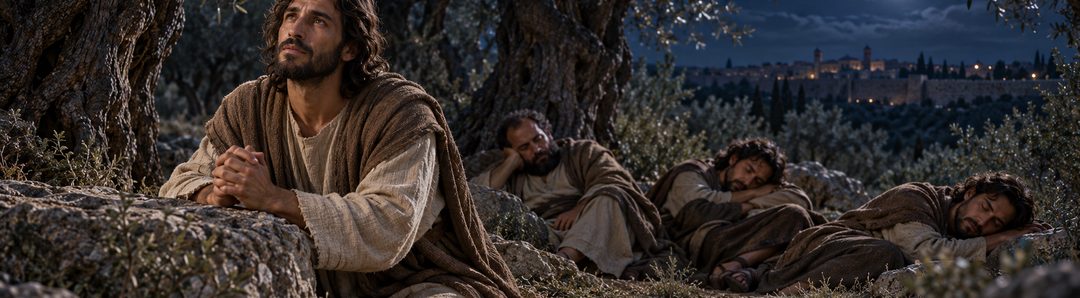 Illustratie bij: Jezus bidt in Gethsemane terwijl de discipelen slapen.