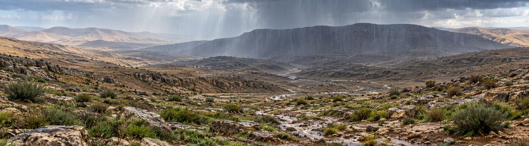 Illustratie bij: Regen valt op onbewoond woestijnland.