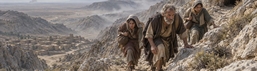 Illustratie bij: Lots gezin draagt Sodom mee naar de bergen.