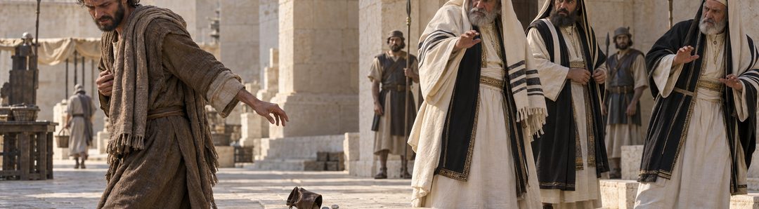 Illustratie bij: Judas en het bloedgeld in de tempel.
