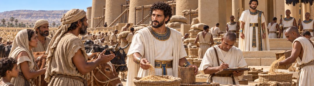 Illustratie bij: Egyptenaren verkopen vee, land en vrijheid aan Jozef voor brood.