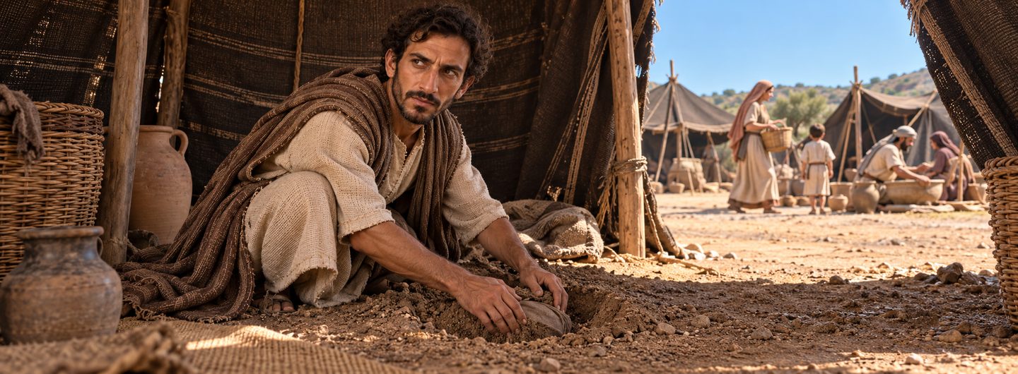 Illustratie bij: Achan verbergt de buit midden in Israël.
