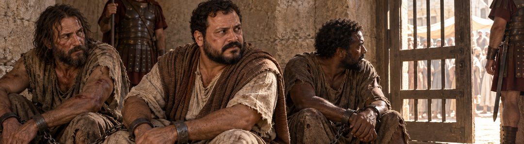 Illustratie bij: Barabbas zit geboeid met opstandelingen.