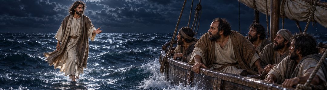 Illustratie bij: Jezus loopt werkelijk over het diepe meer naar de boot.