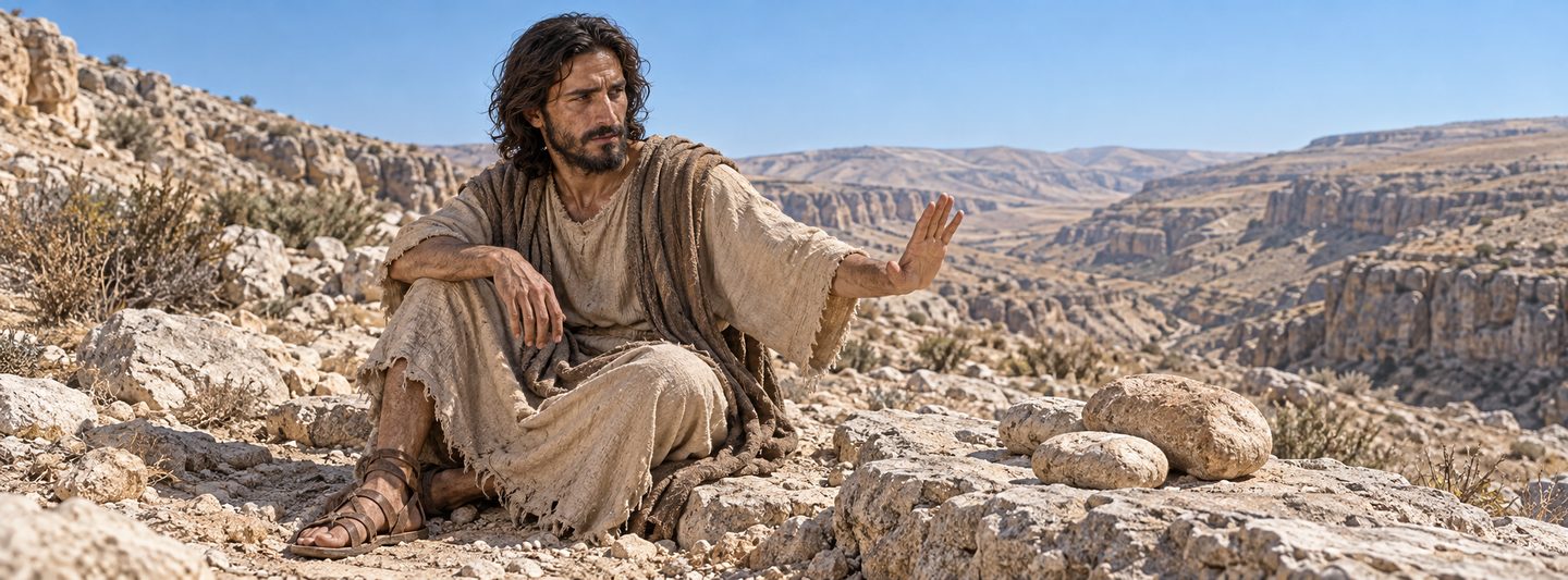 Illustratie bij: Jezus weerstaat de verzoeking om stenen in brood te veranderen.