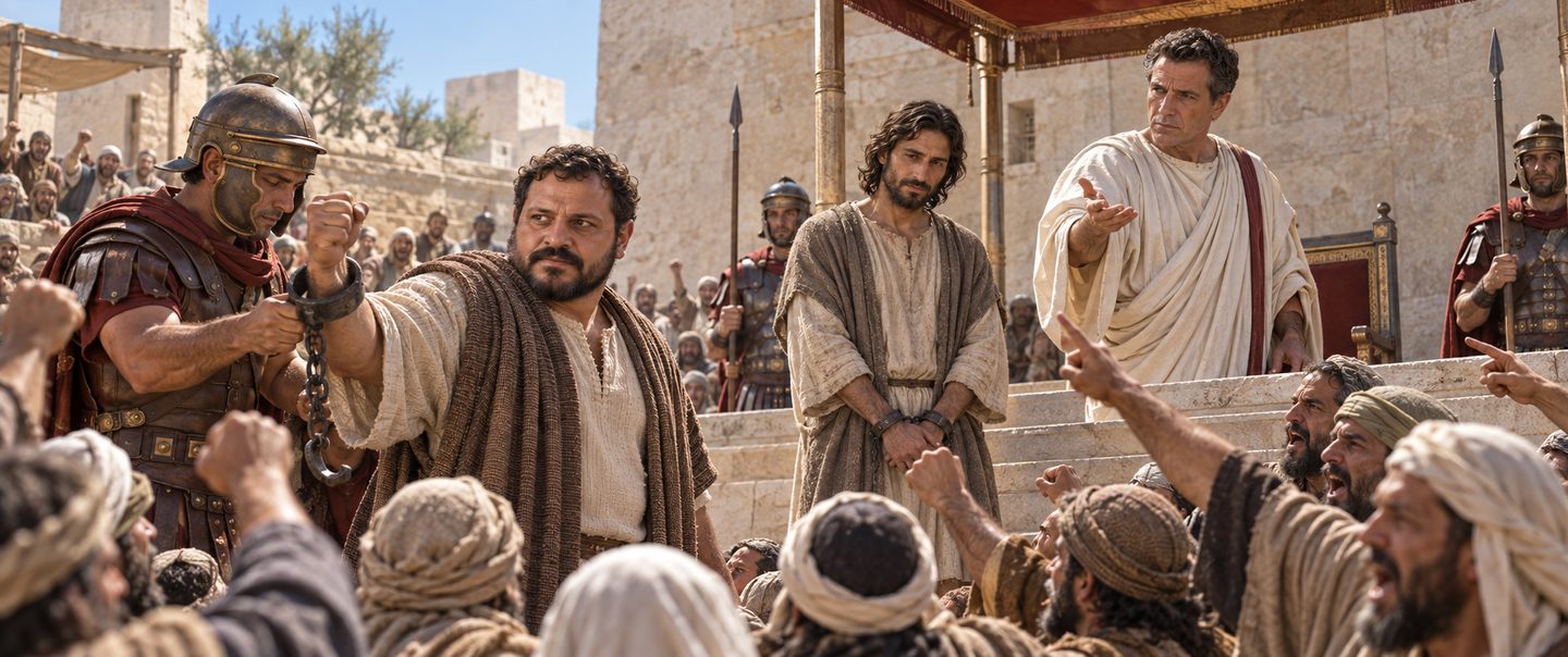 Illustratie bij: De menigte kiest Barabbas en eist de kruisiging.