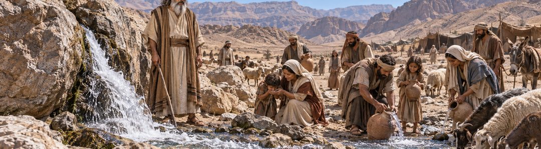 Illustratie bij: De geslagen rots voorziet Israël van water.