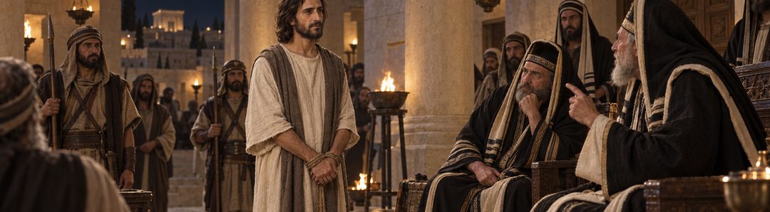 Illustratie bij: Jezus wordt in Jeruzalem door de hogepriester berecht.