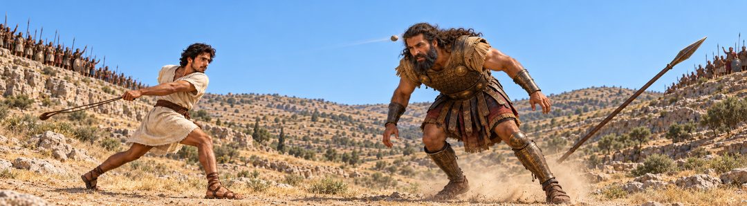 Illustratie bij: David treft Goliath met zijn slinger.
