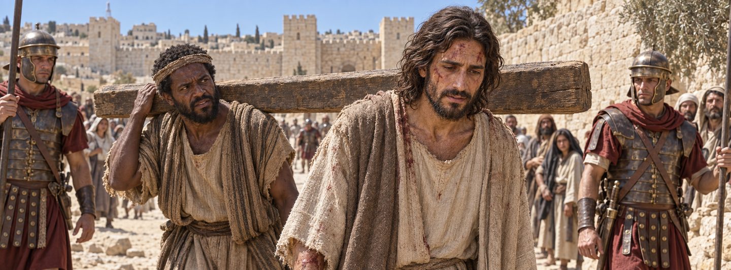 Illustratie bij: Simon van Cyrene draagt het kruis van Jezus.