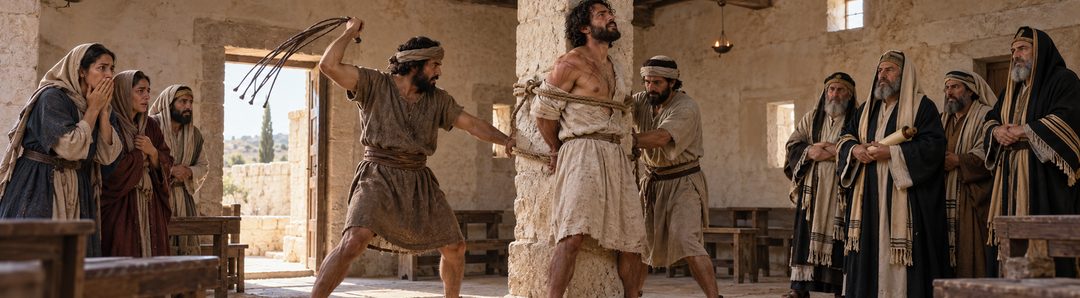 Illustratie bij: Gezanten van Jezus worden in een synagoge gegeseld.