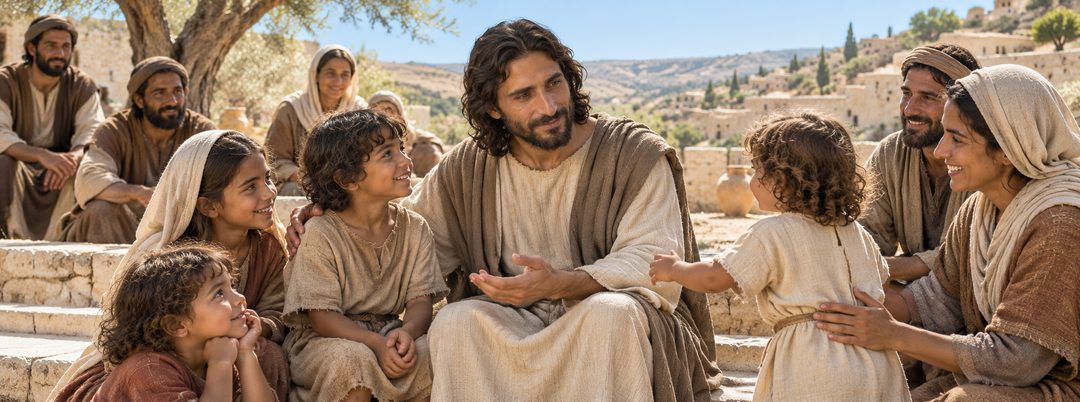 Illustratie bij: Jezus ontvangt kleine kinderen en toont Gods reddende wil.