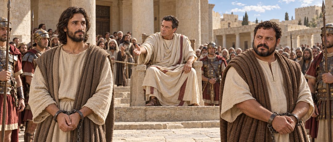 Illustratie bij: Barabbas tegenover Jezus bij Pilatus.