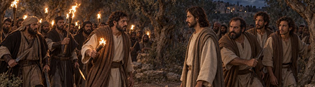 Illustratie bij: Judas nadert met een gewapende menigte.