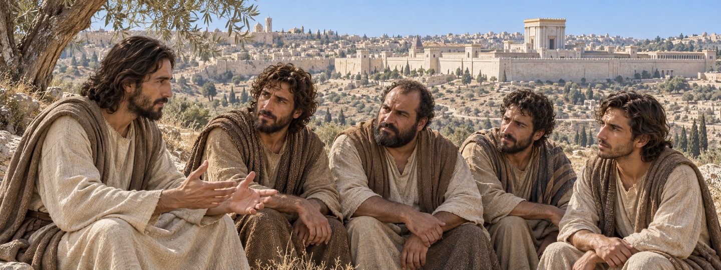 Illustratie bij: Jezus waarschuwt vier discipelen op de Olijfberg.