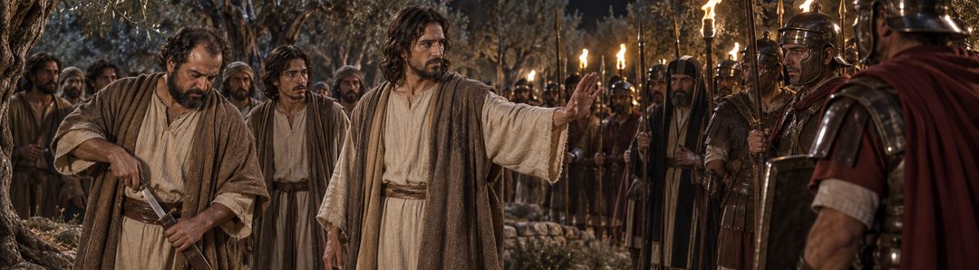 Illustratie bij: Jezus verhindert dat zijn discipelen door het zwaard omkomen.