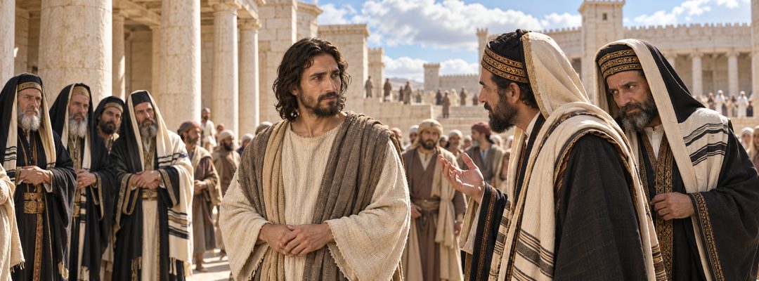 Illustratie bij: Spionnen proberen Jezus in de tempel te betrappen.