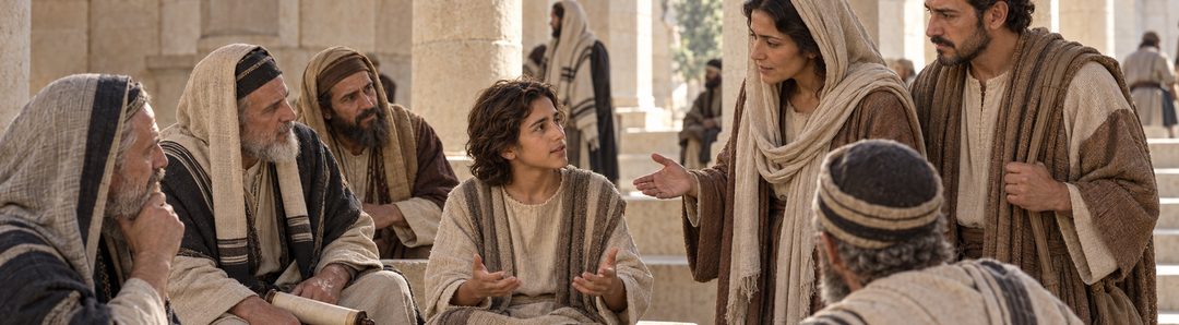 Illustratie bij: De twaalfjarige Jezus antwoordt Maria in de tempel.