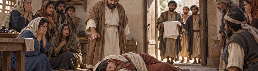 Illustratie bij: Ananias en Saffira vallen dood neer na hun leugen.