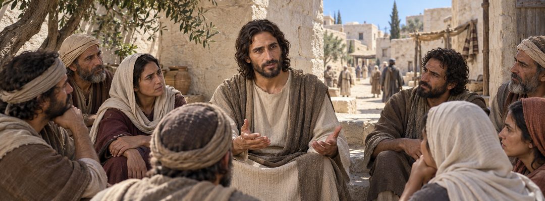 Illustratie bij: Jezus leidt de gelijkenis van de rijke man en Lazarus in.