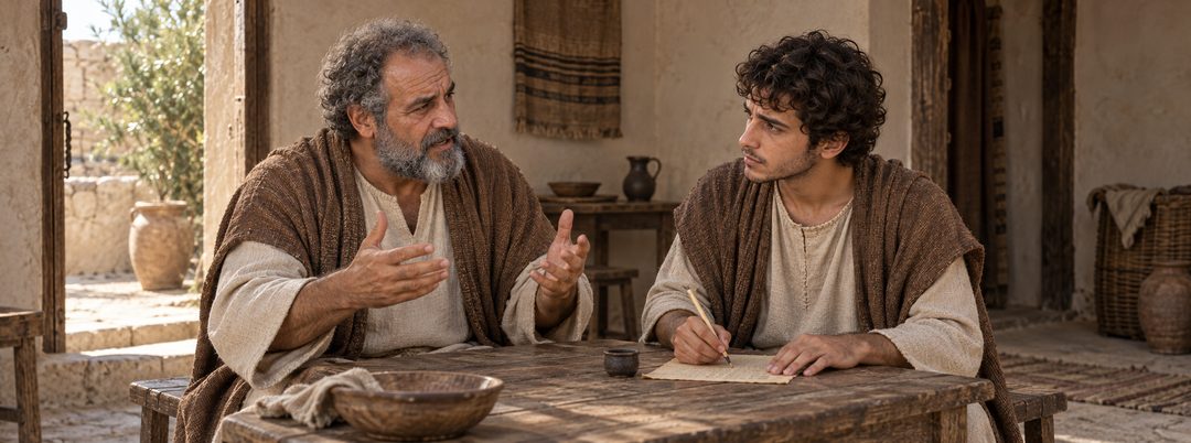 Illustratie bij: Markus tekent Petrus’ getuigenis over Jezus op.