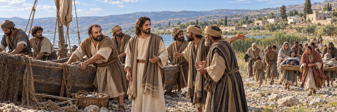 Illustratie bij: Aankomst van Jezus en de discipelen in Gennesaret.