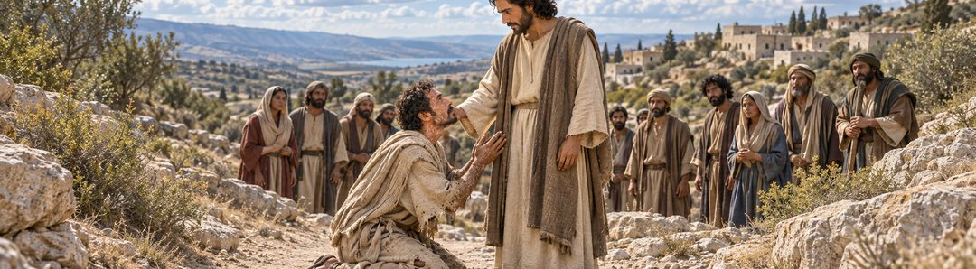 Illustratie bij: De melaatse knielt aanbiddend voor Jezus.