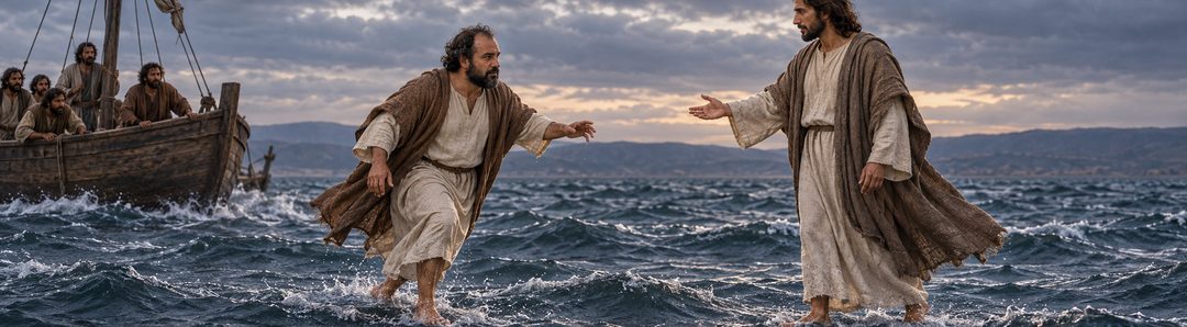 Illustratie bij: Petrus vertrouwt op Jezus en stapt over het water.