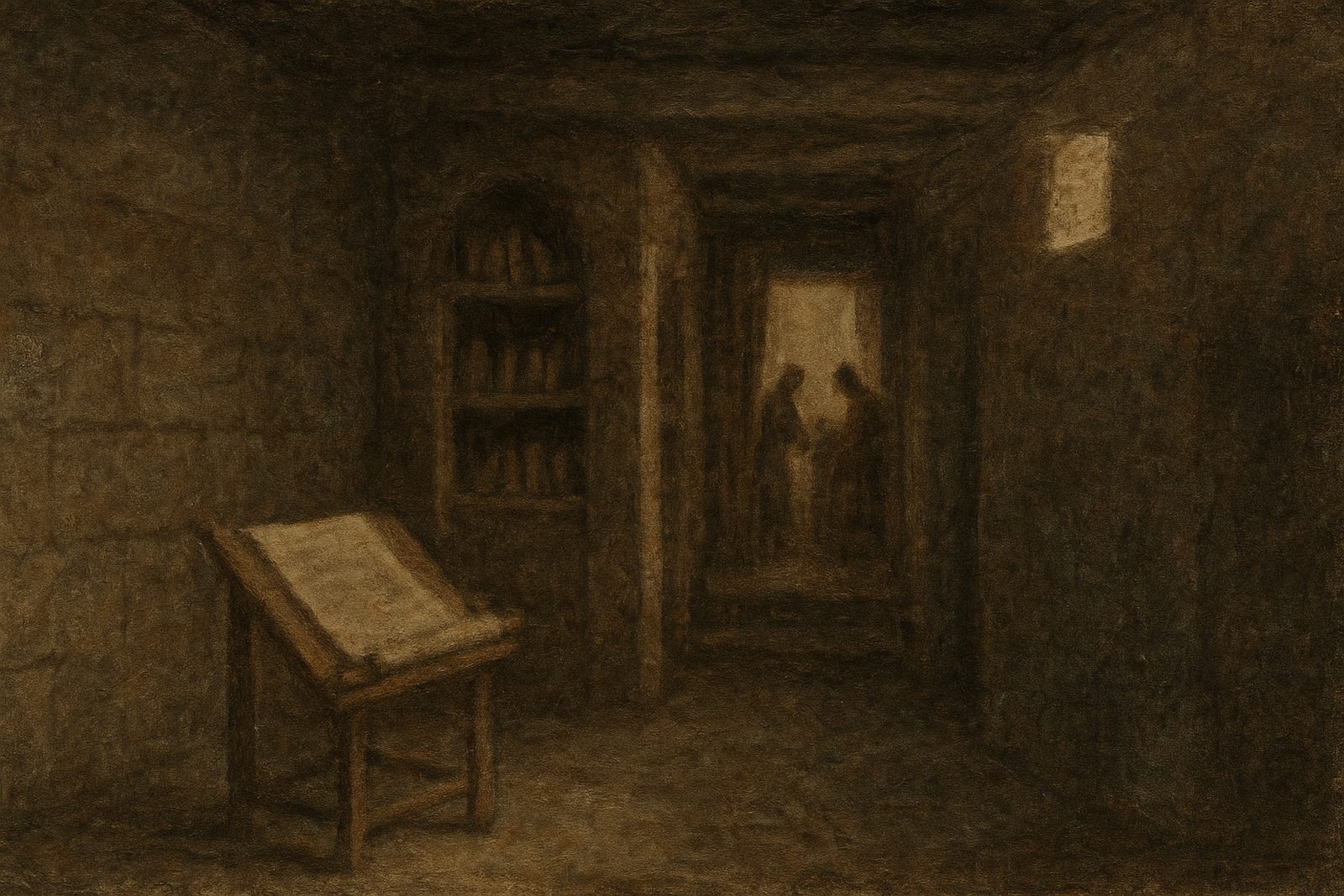 A wooden reading stand holding an open scroll rests on the left side of the frame, about a third of the frame height. Behind it a narrow hall recedes toward a d