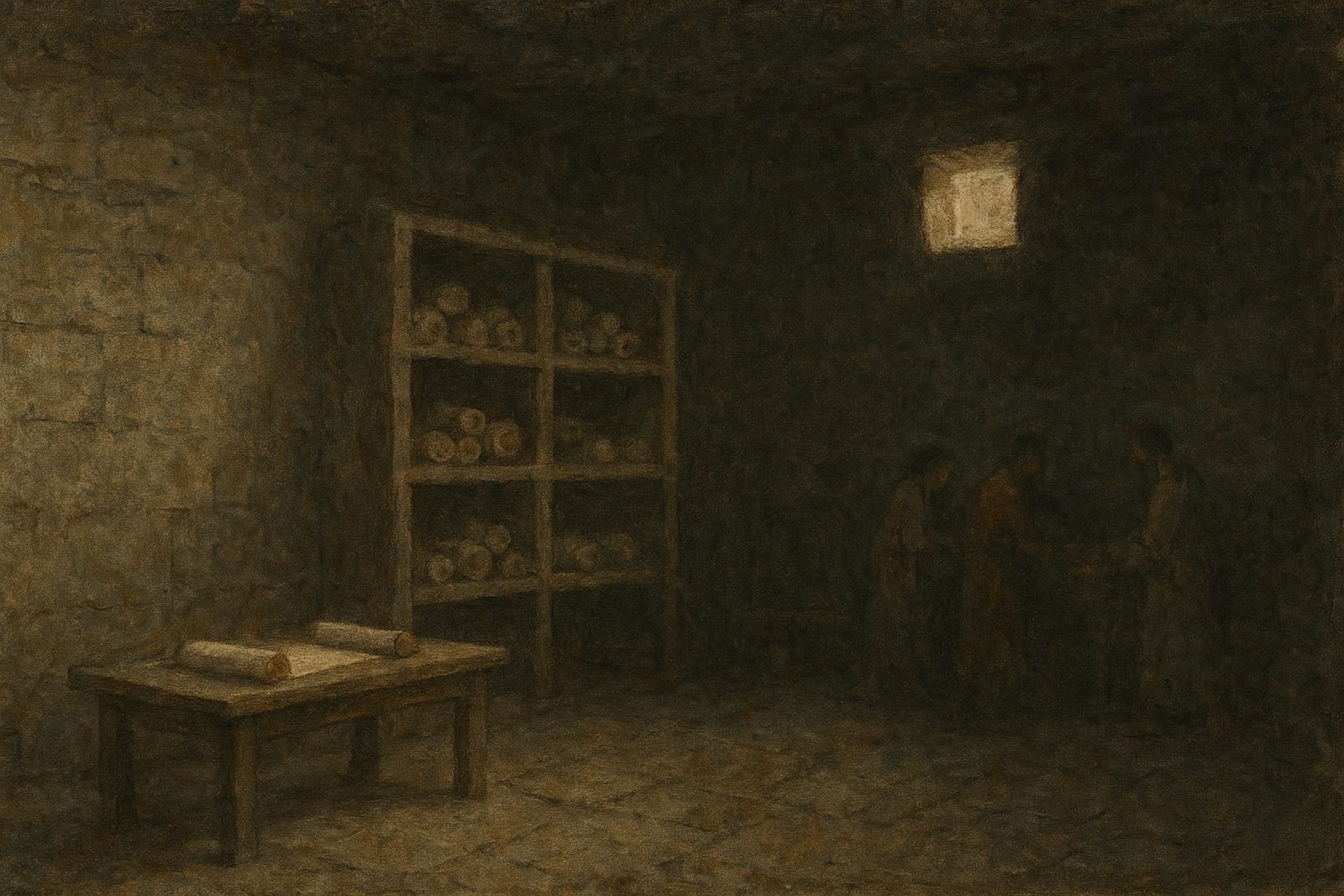 A wooden writing table holding an unrolled blank scroll rests on the left, about a third of the frame height. Behind it a row of shelved scroll niches recedes d