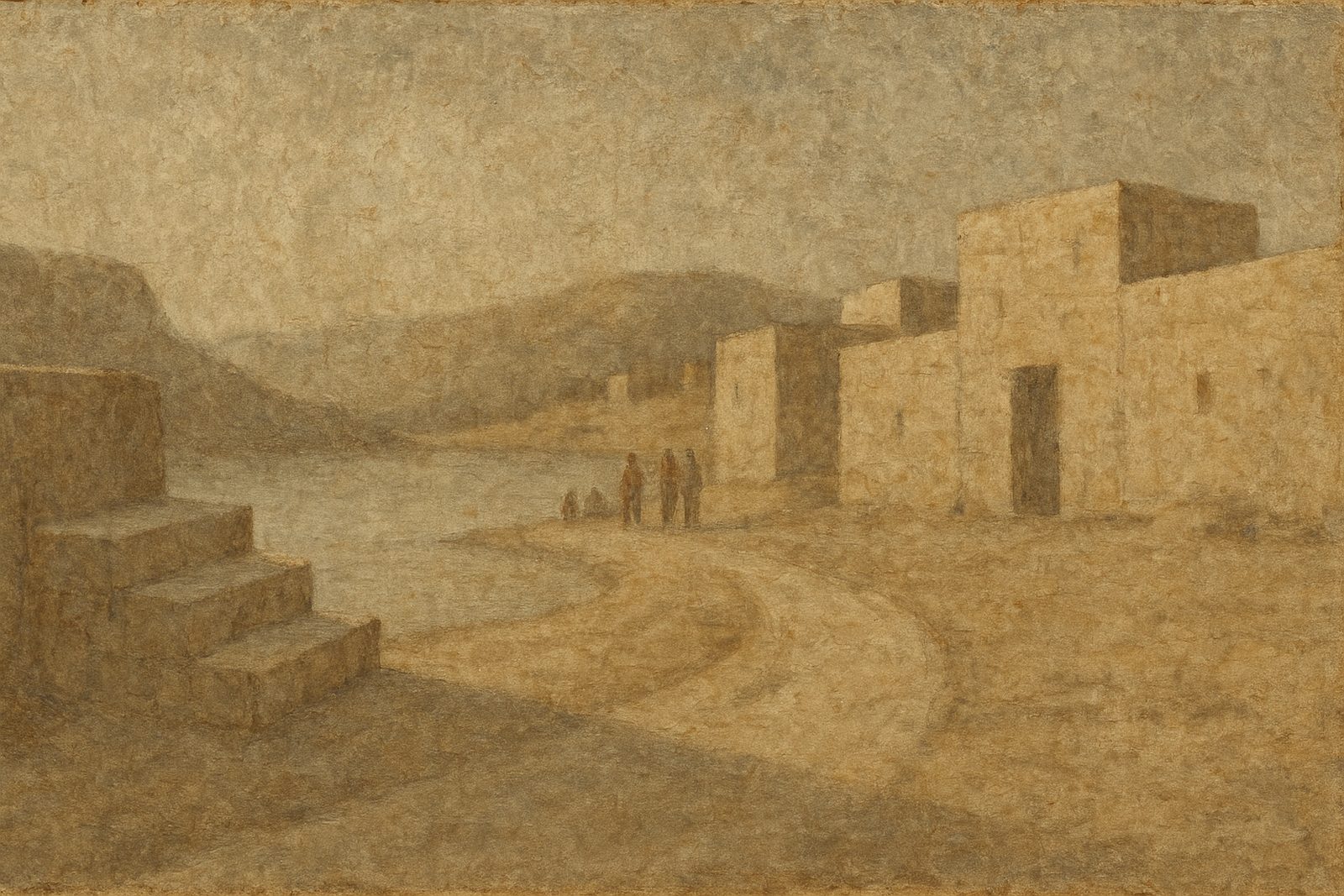 A low stone quay wall stands at the left edge of the frame, rising about a third of the frame height. The muddy riverbank recedes toward the water's edge, where