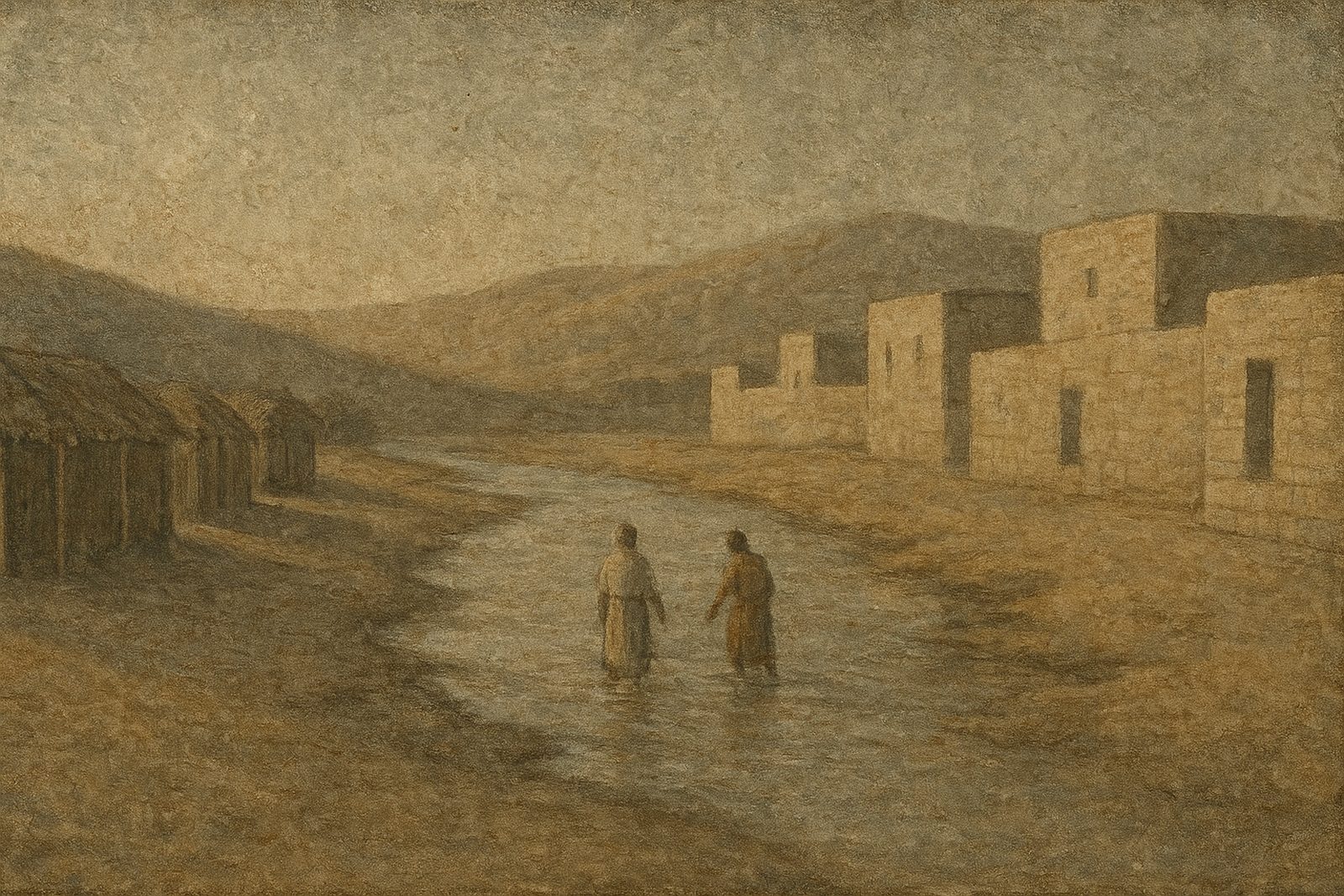 A cluster of reed-thatched shelters holds the left side of the frame, about a third of the frame height. A river current runs away through the centre, with two