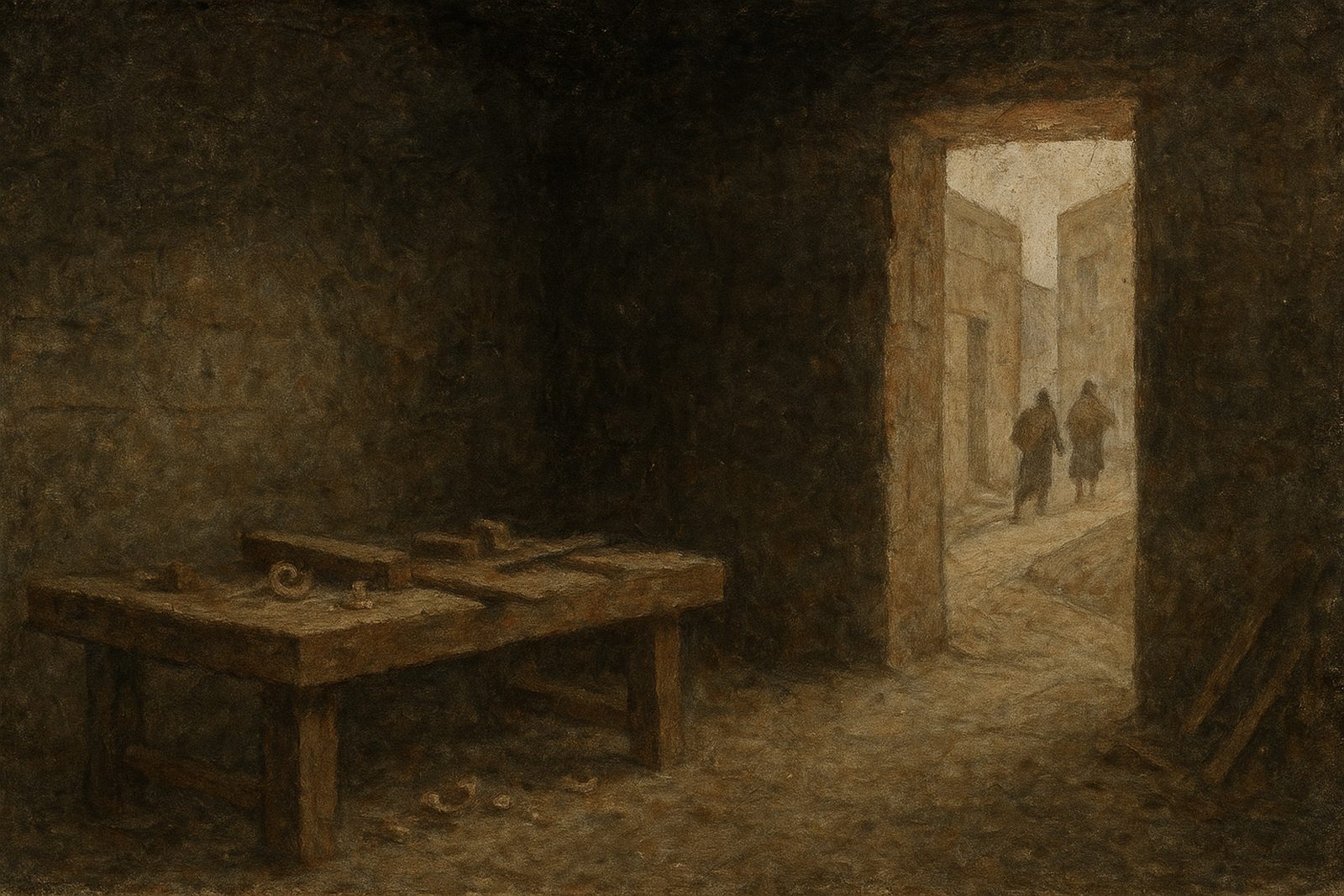 A carpenter's workbench piled with cut timber and tools, about a third of the frame height, rests on the left. Beyond it a doorway opens onto a narrow passage t