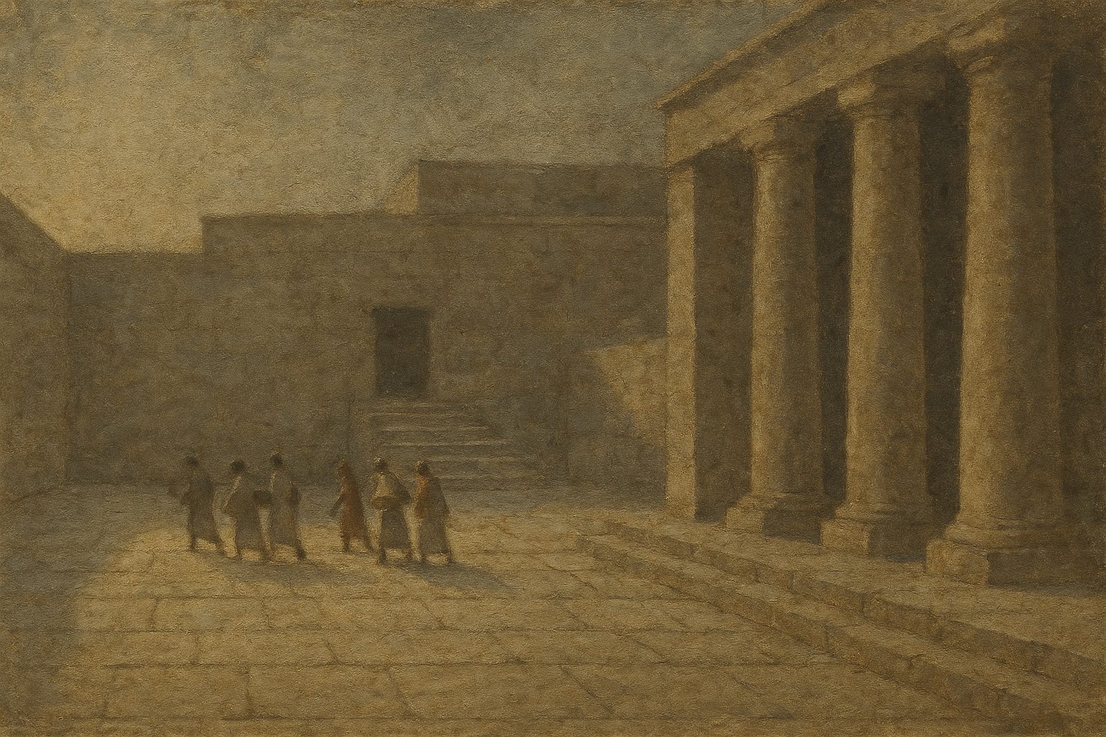A row of low stone offering tables stands on the left, about a third of the frame height. A wide courtyard floor runs back toward a line of heavy unfluted colum