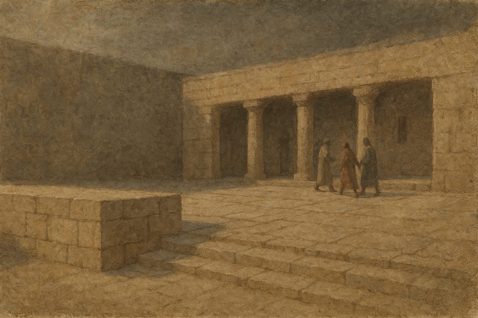 A low three-legged table holds a clay oil lamp, about a fifth of the frame height, set to the left. Behind it a narrow doorway opens onto a passage that recedes