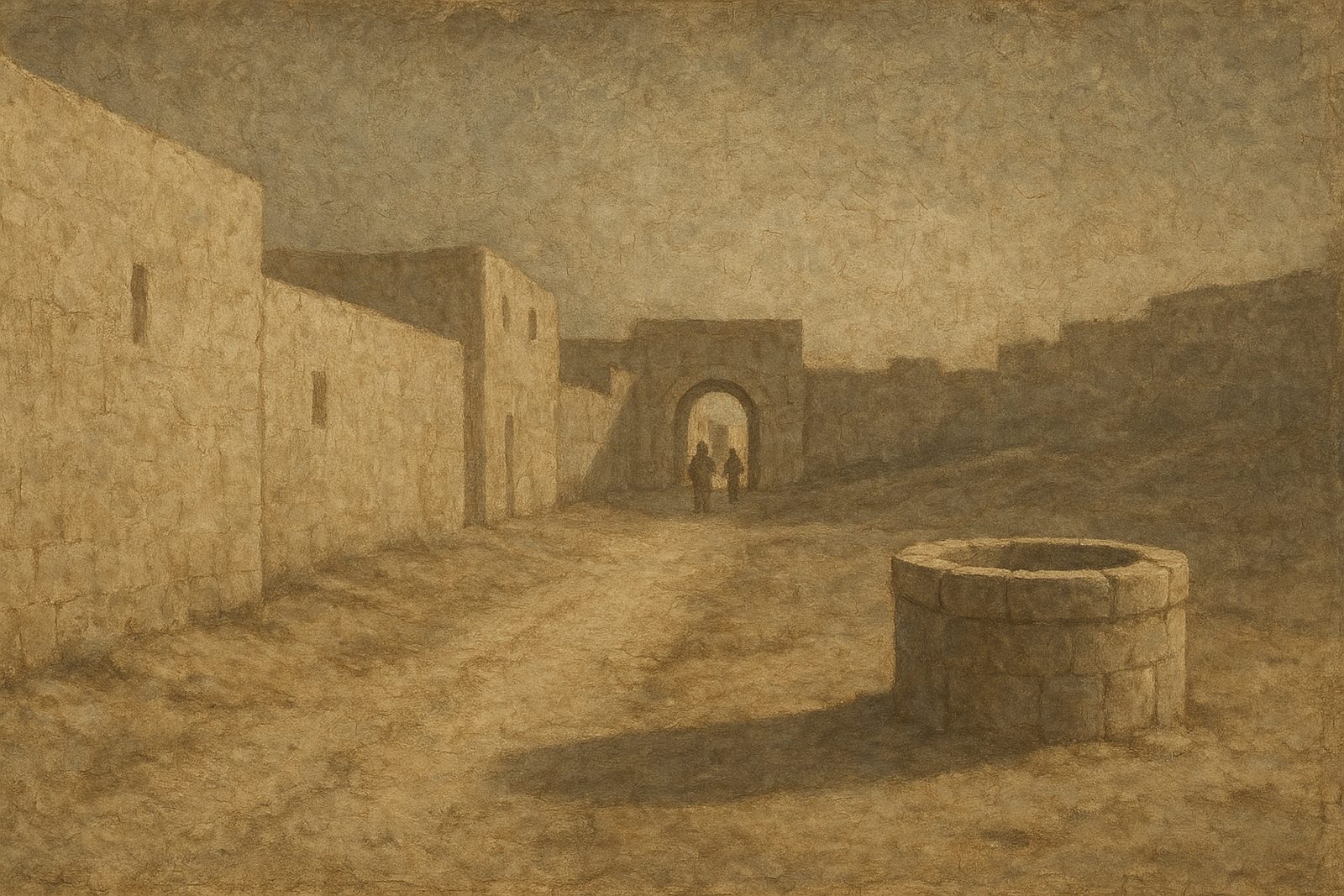A stone well-head stands on the right side of the frame, about a third of its height. A packed-earth path runs from the well toward a distant town gate, where t